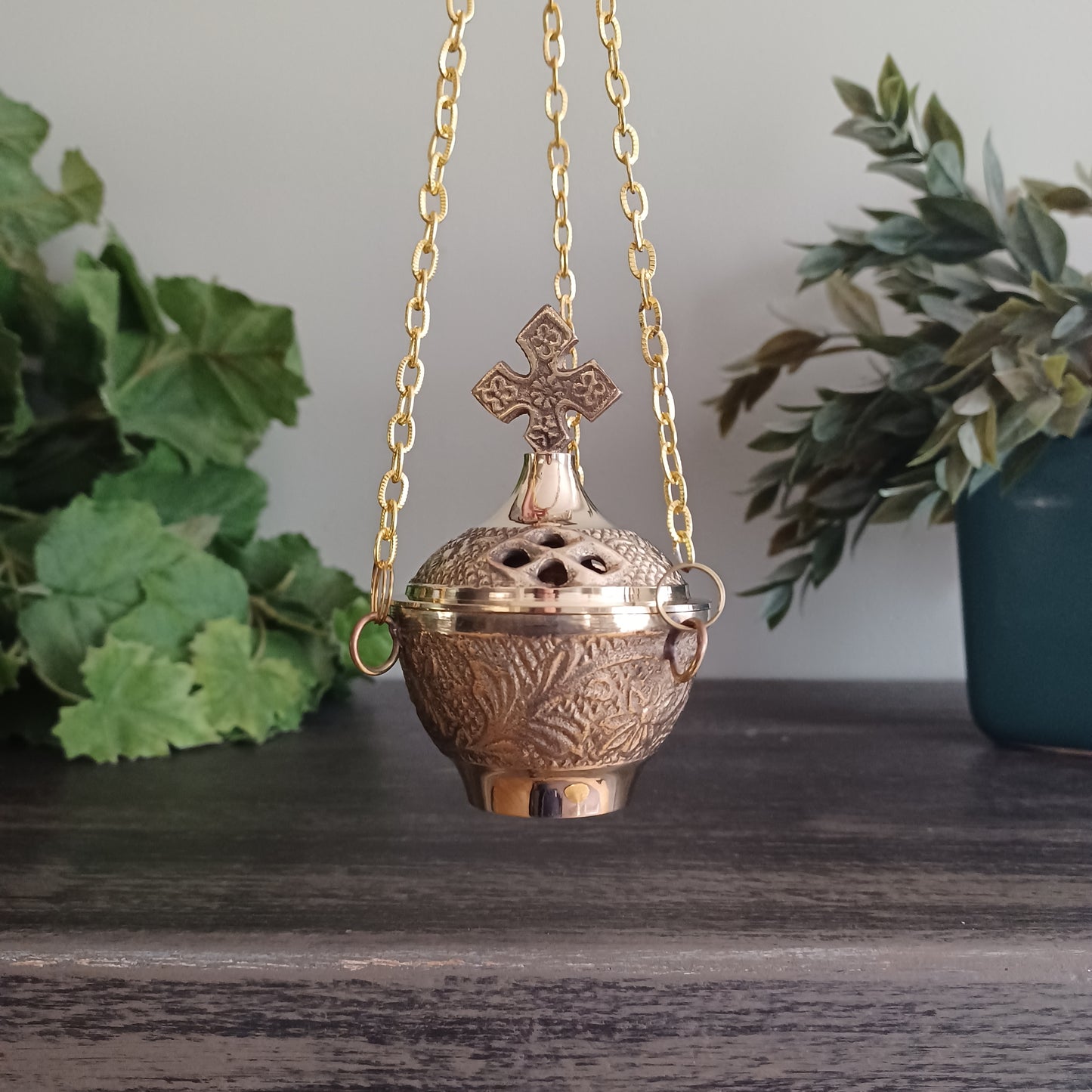 Carved Brass Hanging Censer - 4 inch