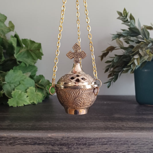 Carved Brass Hanging Censer - 4 inch