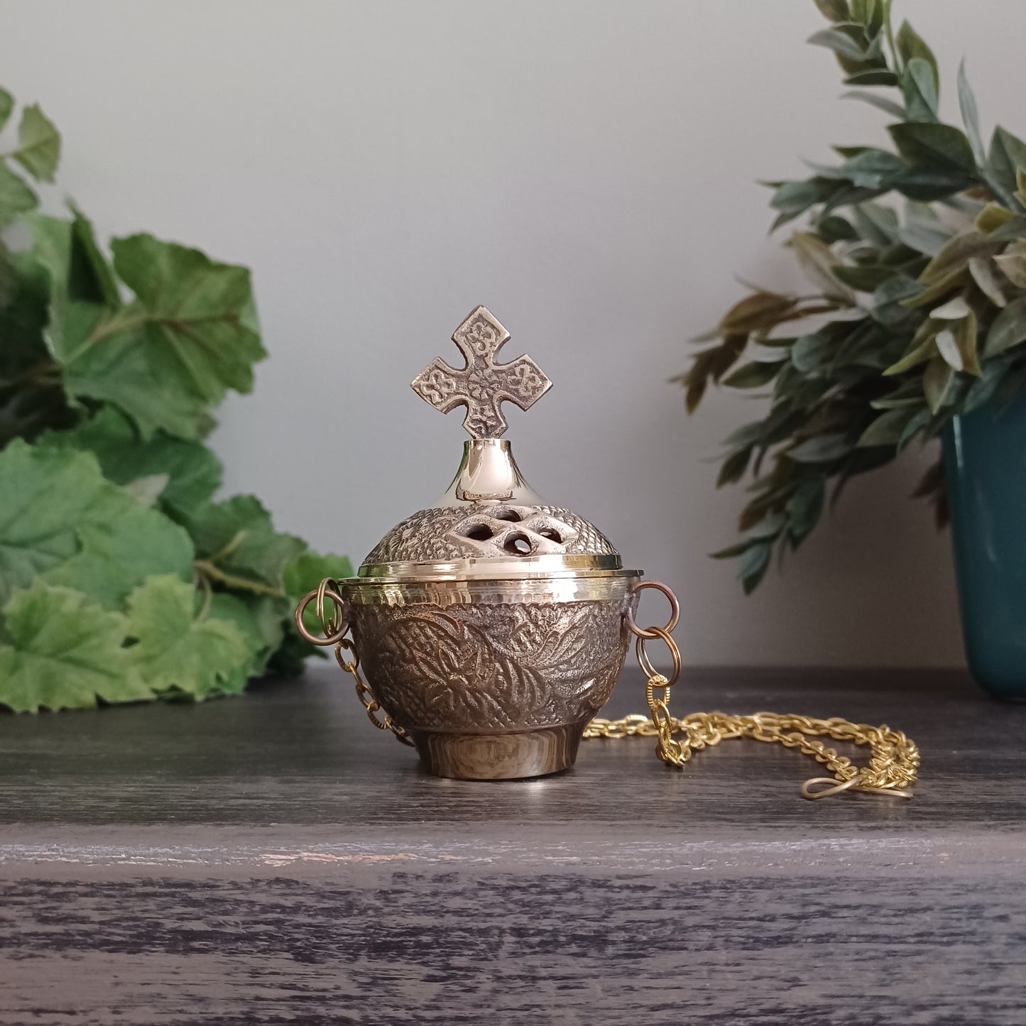 Carved Brass Hanging Censer - 4 inch