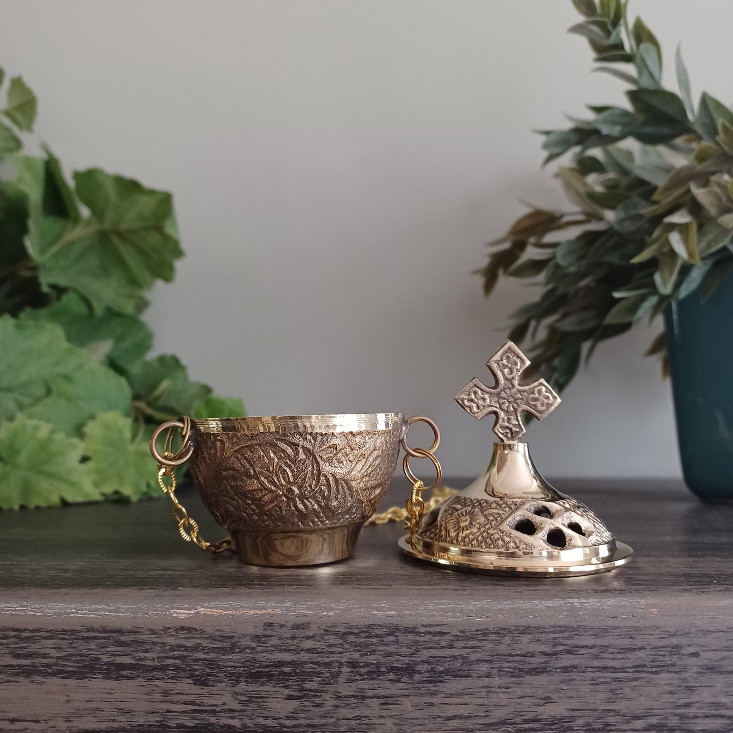 Carved Brass Hanging Censer - 4 inch