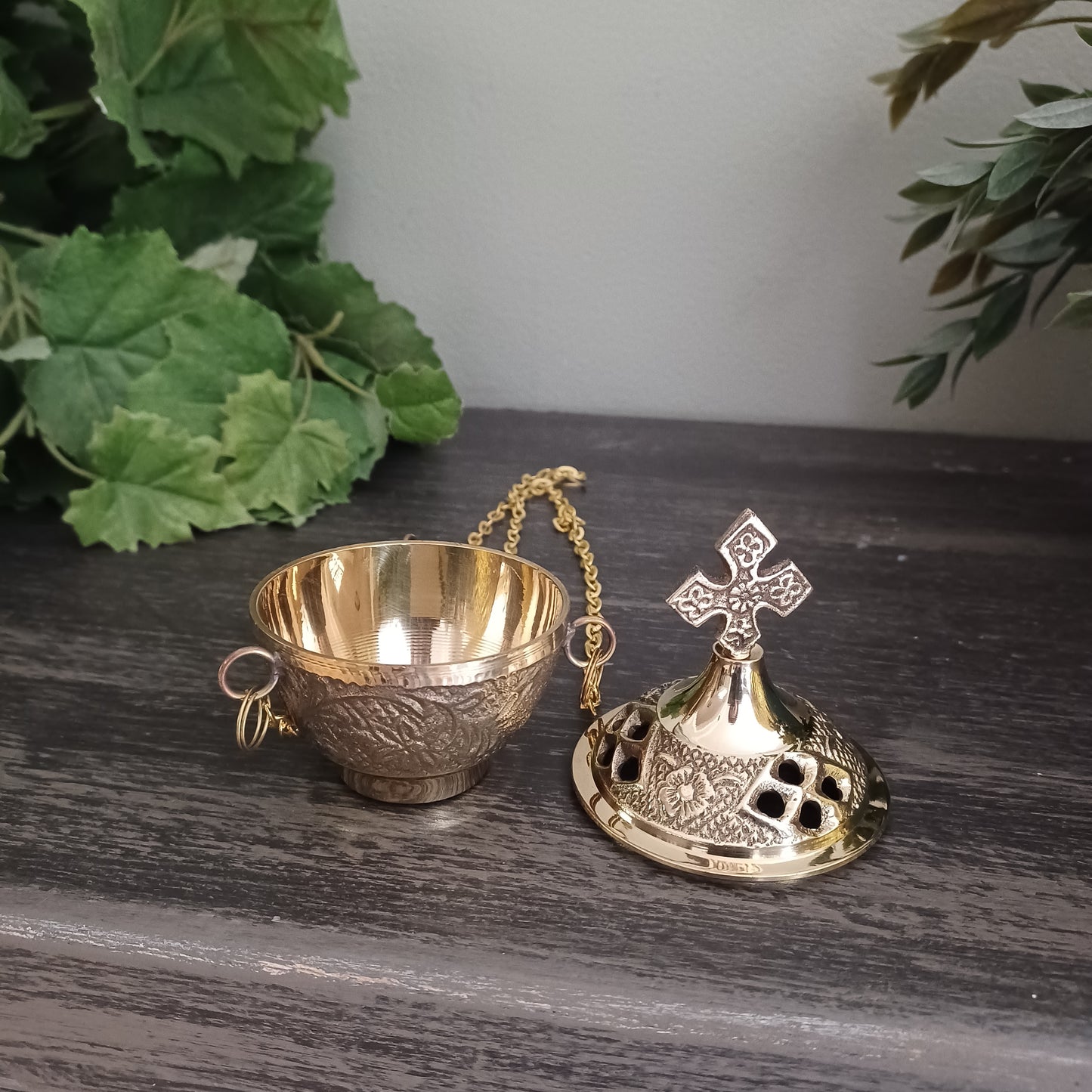 Carved Brass Hanging Censer - 4 inch