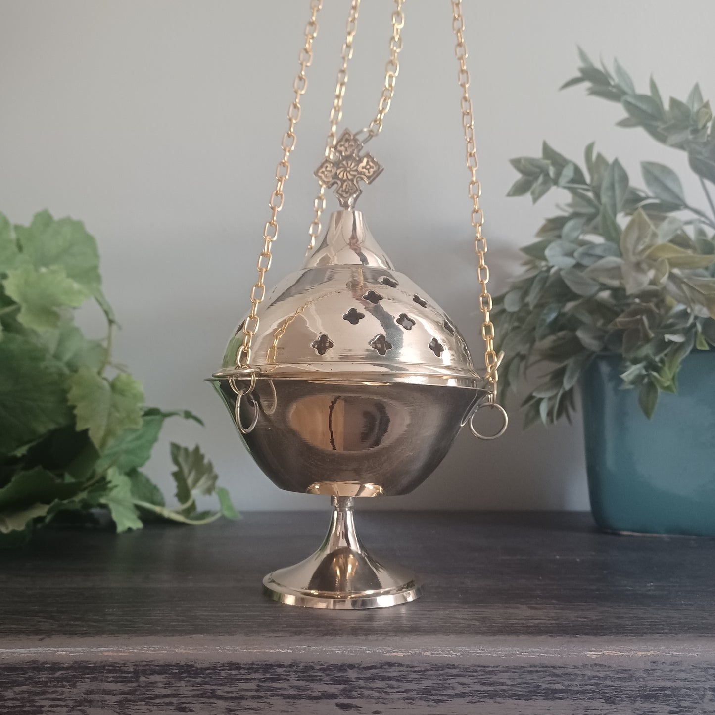 Carved Brass Hanging Censer - 7 inch