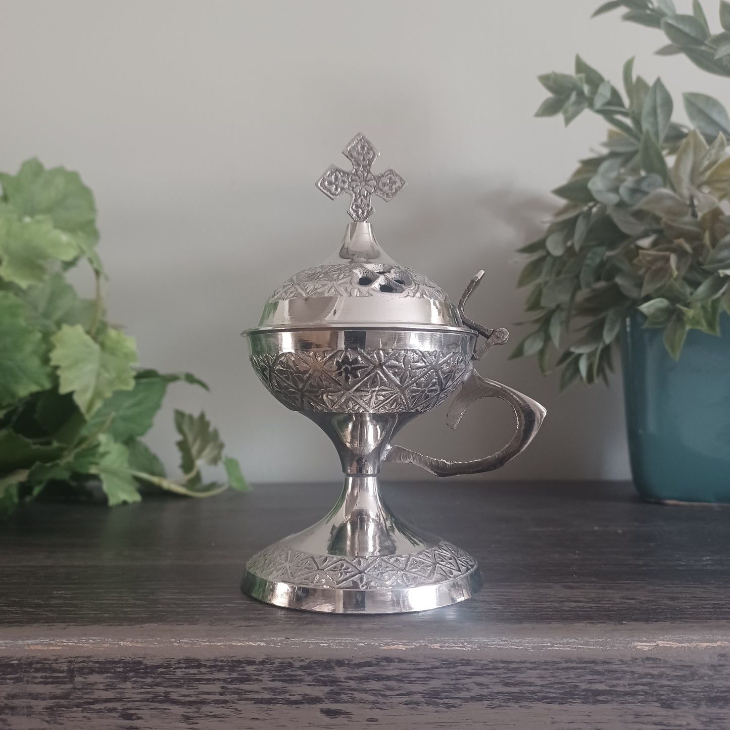 Carved Chrome Finished Brass Censer - 5.5 inch